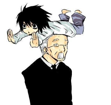 l (death note), watari, death note, artist request, jpeg artifacts, lowres, 00s, 2boys, aged down, bags under eyes, balancing, barefoot, black hair, black jacket, black necktie, butler, closed eyes, facial hair, feet up, formal clothes, full body, glasses, height difference, jacket, multiple boys, mustache, necktie, old, old man, on head, pants, person on head, shirt, simple background, suit, upper body, white background, white facial hair, white hair, white mustache, white shirt