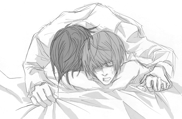 mikami teru, yagami light, death note, 00s, 2boys, bed sheet, closed eyes, male focus, monochrome, multiple boys, open mouth, sketch, yaoi