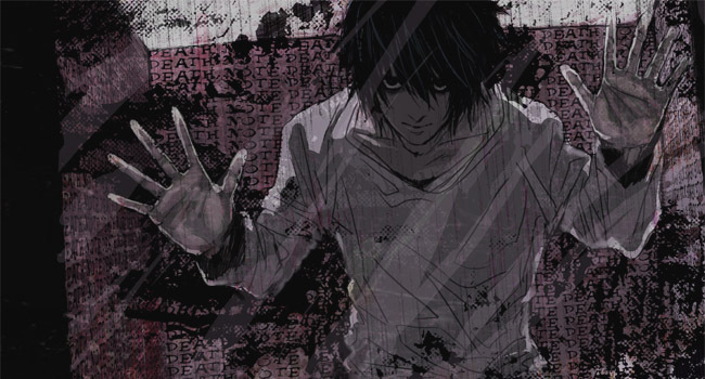 l (death note), death note, 00s, black hair, glass, looking at viewer, window