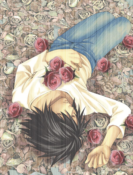 l (death note), death note, 00s, 1boy, black hair, closed eyes, denim, flower, jeans, long sleeves, lying, male focus, on back, pants, rose, shirt, sleeping, solo, white shirt