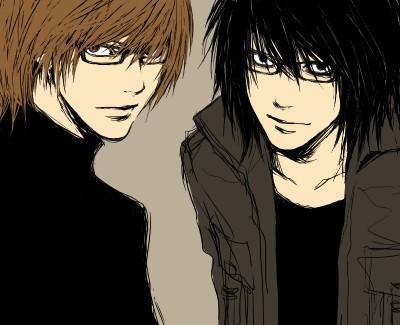 l (death note), yagami light, death note, lowres, 00s, 2boys, black eyes, black hair, brown eyes, brown hair, glasses, jacket, male focus, multiple boys, simple background, smile, turtleneck