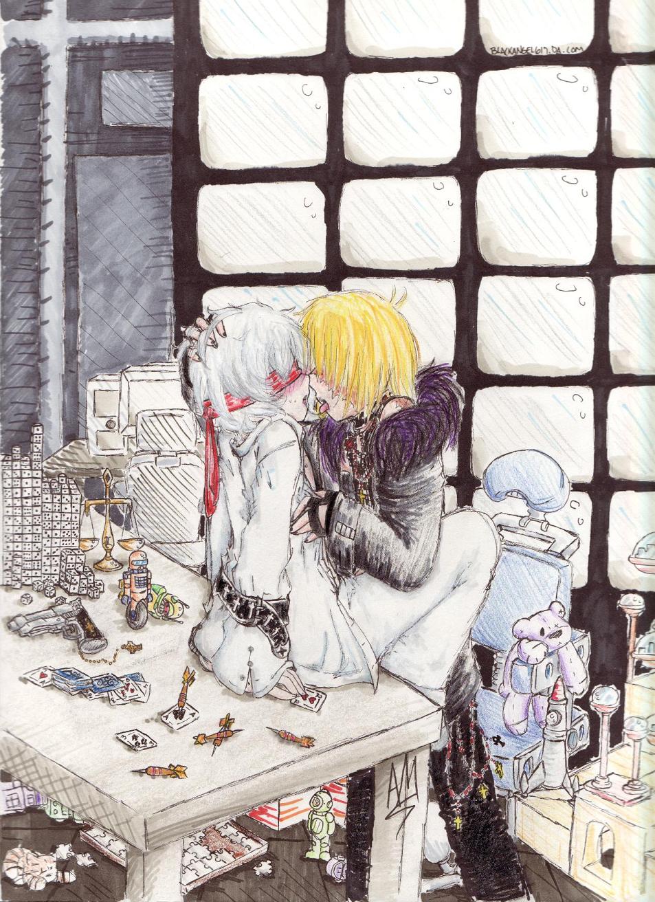 mello (death note), near (death note), death note, highres, 00s, 2boys, bdsm, blindfold, bondage, bound, indoors, male focus, multiple boys, yaoi