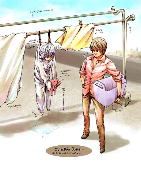 near (death note), yagami light, death note, 00s, basket, brown hair, clothesline, laundry, stuffed animal, stuffed toy, wet, white hair