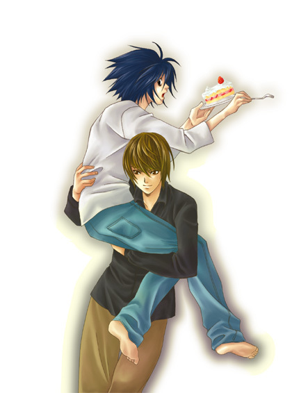 l (death note), yagami light, death note, 00s, barefoot, black hair, brown hair, cake, dessert, food, fork, holding, open mouth, smile