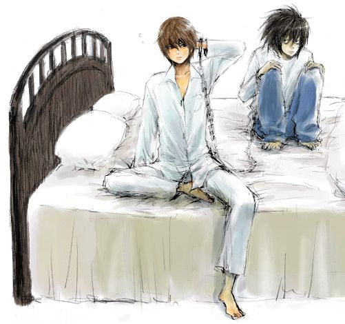 l (death note), yagami light, death note, 00s, barefoot, bed, bed sheet, black hair, brown hair, cuffs, handcuffs, pajamas, pillow, sitting