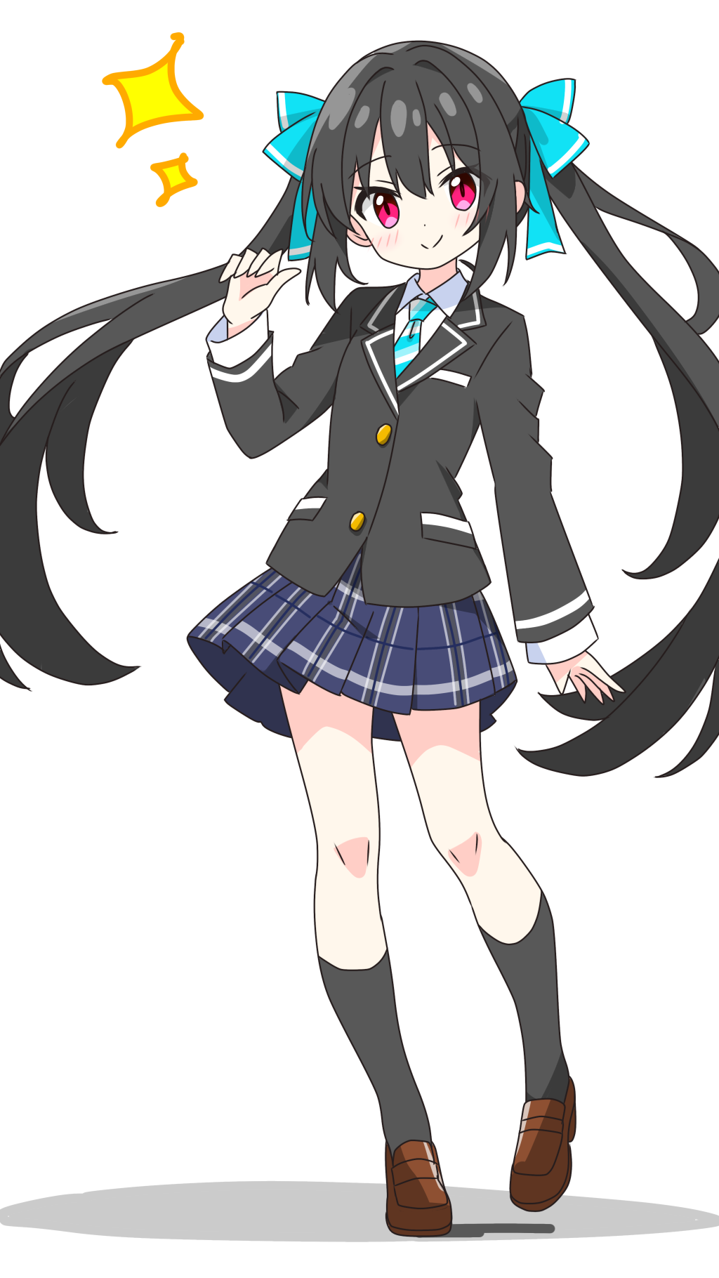 kotatsu-mazoku, black-haired twintail girl (kotatsu-mazoku), original, commentary request, highres, 1girl, black hair, black jacket, black socks, blazer, blue necktie, blue ribbon, blue skirt, blush, brown shoes, closed mouth, collared shirt, dot nose, full body, hair ribbon, hand up, jacket, long hair, long sleeves, looking at viewer, necktie, pink eyes, plaid clothes, plaid skirt, pleated skirt, ribbon, school uniform, shirt, shoes, simple background, skirt, smile, socks, solo, sparkle, standing, striped necktie, twintails, white background, white shirt