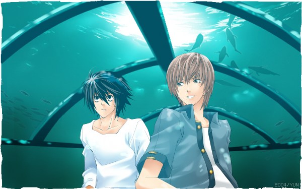 l (death note), yagami light, death note, artist request, 00s, aquarium, black hair, brown hair, smile