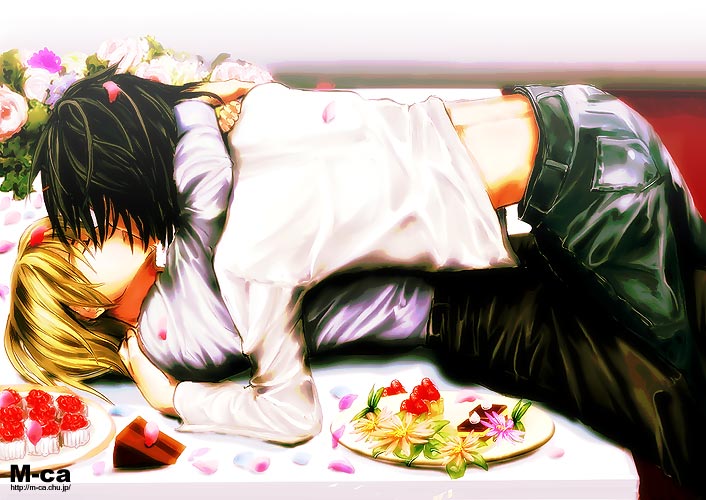 l (death note), yagami light, death note, 00s, 2boys, food, indoors, kiss, male focus, multiple boys, yaoi