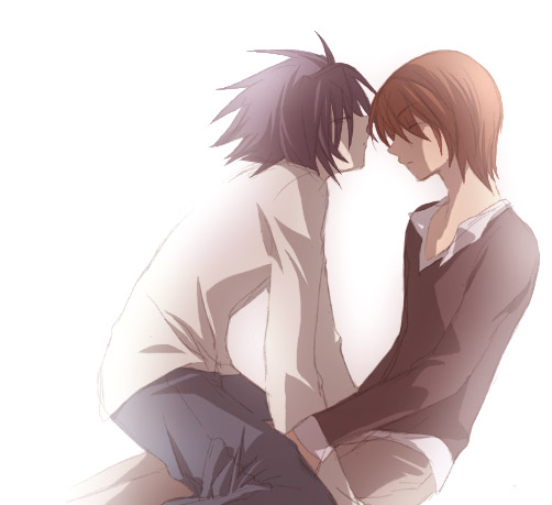 l (death note), yagami light, death note, 00s, black hair, brown hair, closed eyes, kiss