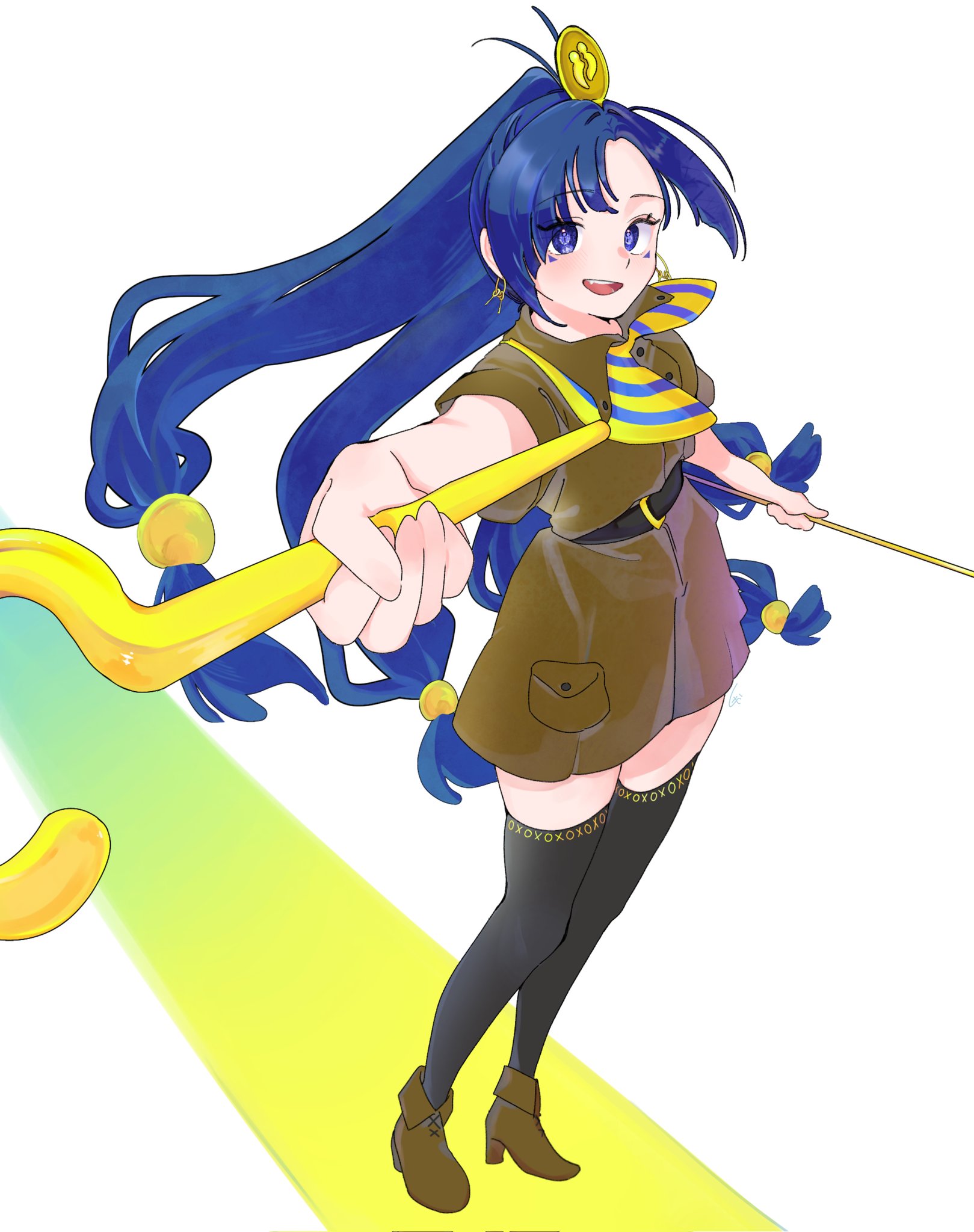 fujimugi, michigami nareko, touhou, commentary, corrupted twitter file, hashtag-only commentary, highres, symbol-only commentary, 1girl, belt, black thighhighs, blue eyes, blue hair, brown shirt, brown shoes, brown shorts, collared shirt, earrings, facial mark, full body, hair ornament, holding, holding scepter, jewelry, key earrings, long hair, looking at viewer, low-tied long hair, open mouth, pointing, pointing at viewer, scepter, shirt, shoes, short sleeves, shorts, solo, sphere hair ornament, standing, thighhighs, triangle, triangle facial mark, white background