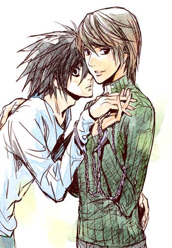 l (death note), yagami light, death note, lowres, 00s, black hair, brown hair, cuffs, handcuffs, holding hands, smile, turtleneck