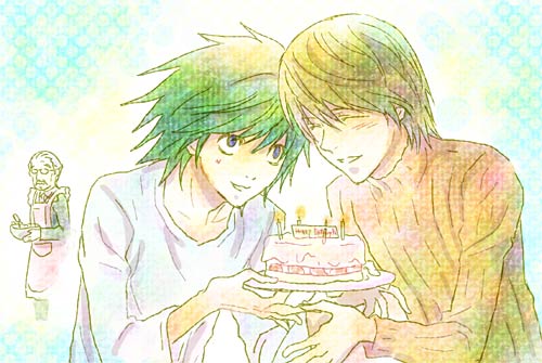 l (death note), watari, yagami light, death note, lowres, 00s, cake, food