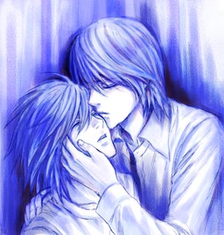 l (death note), yagami light, death note, lowres, 00s, blue theme, closed eyes, monochrome