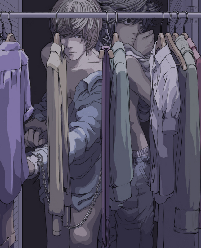 quaedam, yagami light, death note, clothes, black hair, brown hair, closet, cuffs, handcuffs, open clothes, open shirt