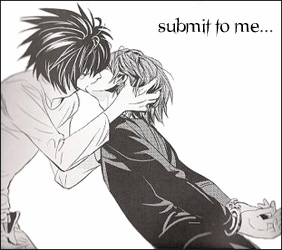 l (death note), yagami light, death note, lowres, 00s, 2boys, arms behind back, cuffed, cuffs, english text, handcuffs, kiss, male focus, monochrome, multiple boys, simple background, white background, yaoi