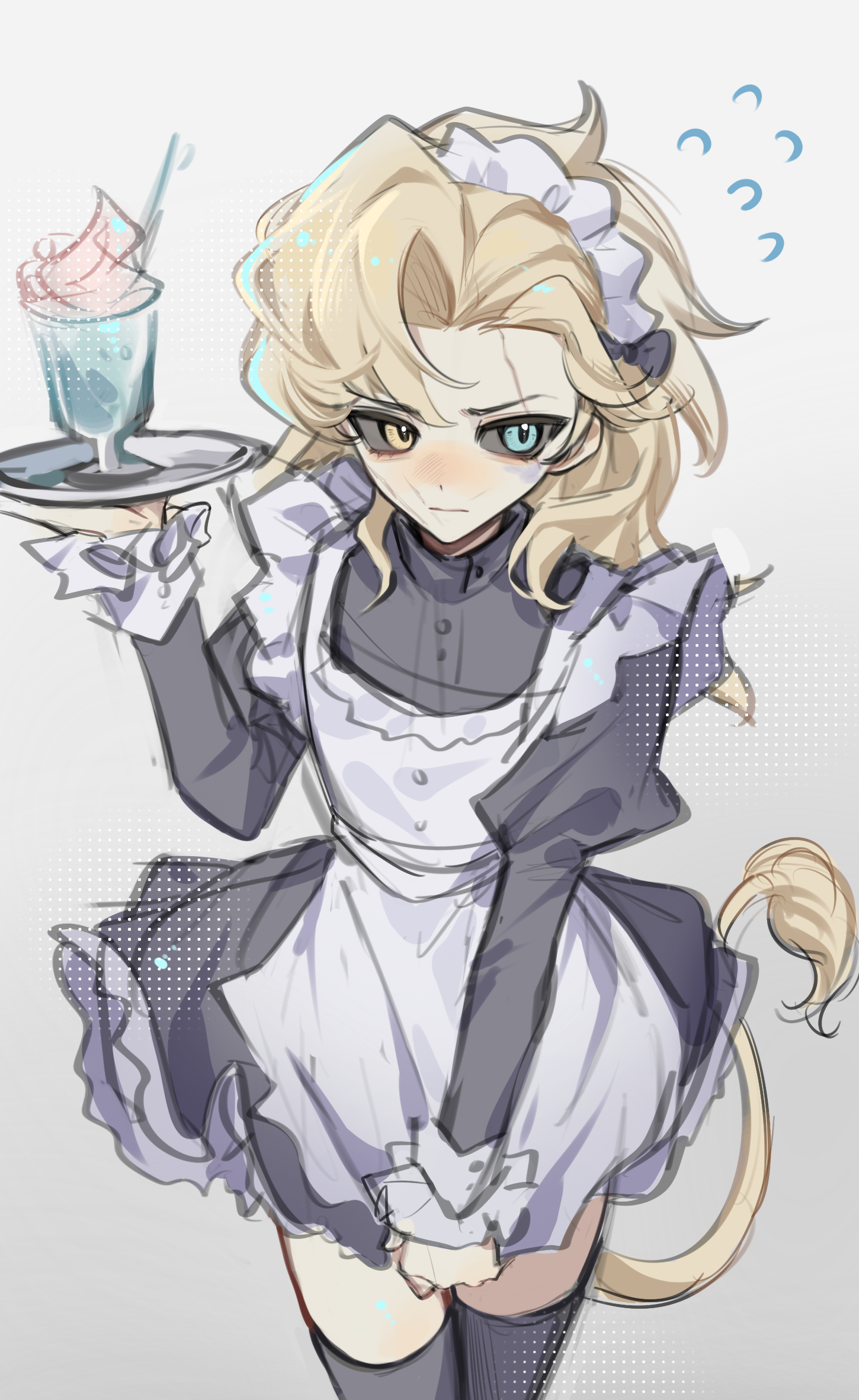 identity v, highres, 1boy, apron, black bow, black dress, black sclera, black thighhighs, blonde hair, bow, colored sclera, crossdressing, crossdressing (mtf), dress, drink, green eyes, heterochromia, holding, holding drink, lion tail, long hair, looking to the side, maid, maid headdress, male focus, male maid, marcus thorne, puffy sleeves, pulling own clothes, scar, scar on face, single hair intake, tail, thighhighs, xinjinjumin8559322, yellow eyes