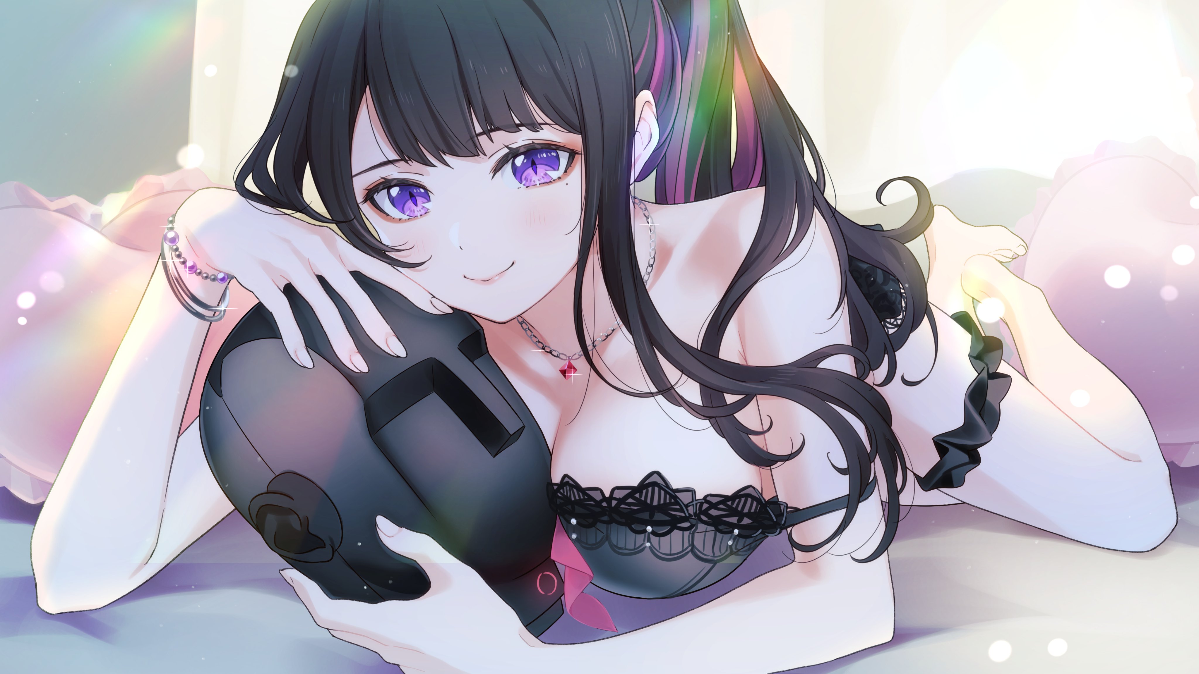 kate iwana, koinoya mai, propro production, absurdres, commission, highres, second-party source, skeb commission, 1girl, barefoot, binaural microphone, black chemise, black hair, bracelet, breasts, cleavage, closed mouth, holding, jewelry, long hair, lying, microphone, mole, mole under eye, multicolored hair, necklace, neumann ku 100, on stomach, purple eyes, purple hair, shadow, smile, solo, strap slip, streaked hair, virtual youtuber