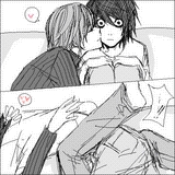 l (death note), yagami light, death note, lowres, 00s, heart, kiss, monochrome