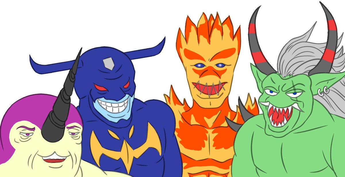 devimon, drimogemon, meramon, orgemon, digimon, marvel, spider-man (series), digimon (creature), earrings, havok (pixiv user 10107027), horns, jewelry, looking at viewer, meme, sharp teeth, simple background, smile, teeth, white background