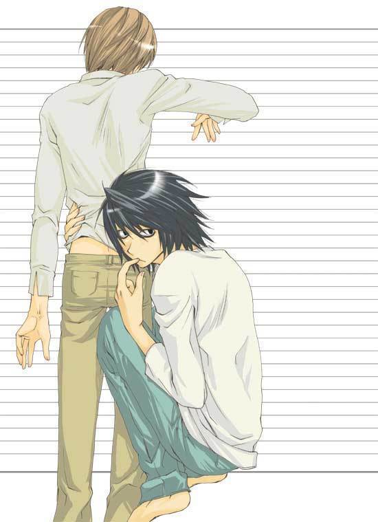 l (death note), yagami light, death note, finger in mouth, 00s, 2boys, back, barefoot, black hair, brown hair, hug, multiple boys, sitting, yaoi