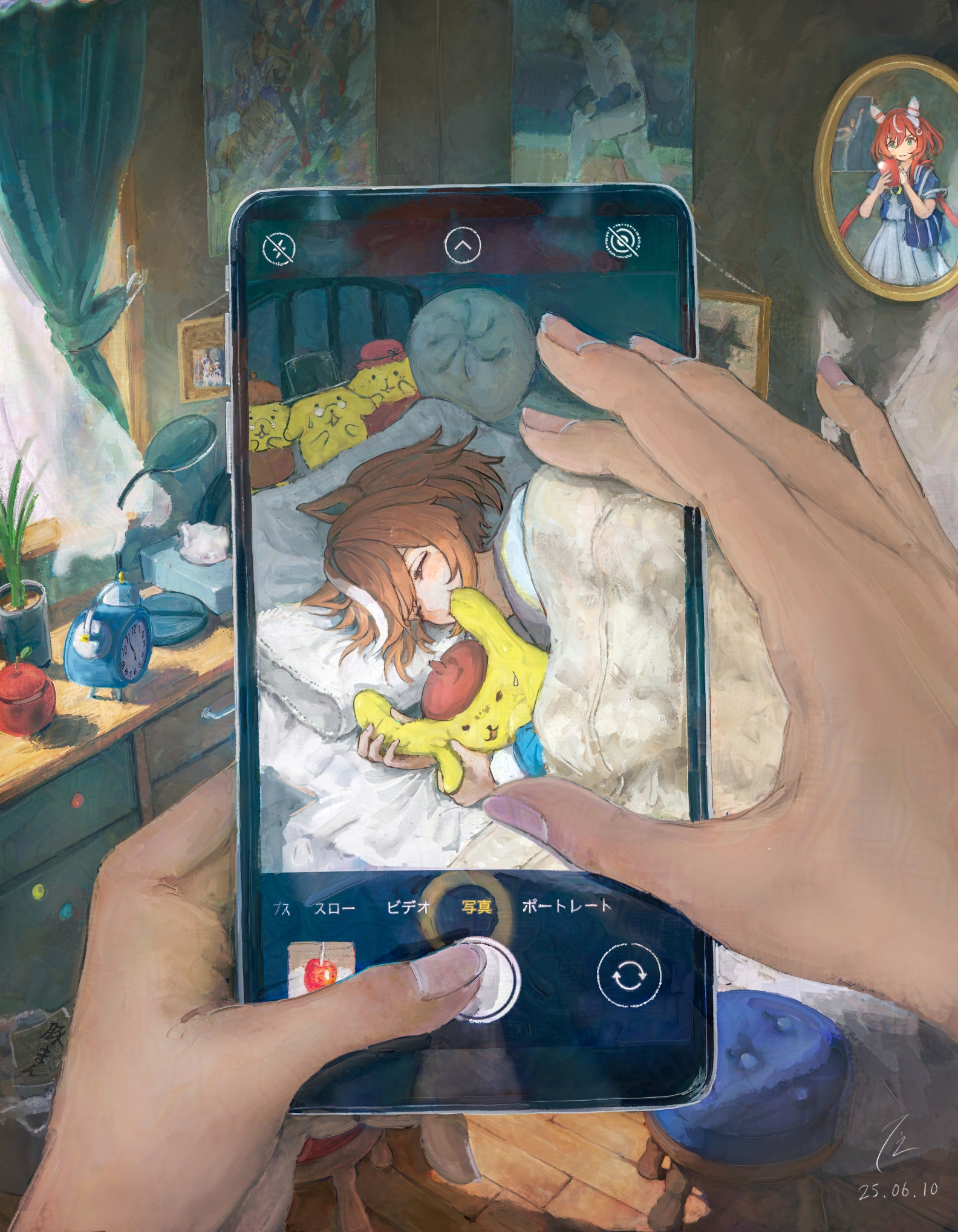 suke omi, cheval grand (umamusume), pompompurin, win variation (umamusume), sanrio, umamusume, commentary request, highres, 2girls, alarm clock, animal ears, bag, bed, bedroom, beret, biting, black hat, blanket, bow, bowtie, brown hair, brown hat, cellphone, cellphone photo, chest of drawers, clock, closed eyes, curtains, dated, desk lamp, ear covers, female pov, glasses, green eyes, hat, holding, holding phone, horse ears, horse girl, indoors, lamp, long hair, lying, mirror, mob cap, multicolored hair, multiple girls, on side, phone, picture frame, pillow, plant, pleated skirt, poster (object), potted plant, pov, puffy short sleeves, puffy sleeves, purple bow, purple bowtie, purple shirt, red hair, red hat, reflection, school bag, school uniform, shirt, short hair, short sleeves, signature, skirt, sleeping, smartphone, streaked hair, taking picture, tissue, tissue box, top hat, tracen school uniform, trash can, under covers, white hair, white shirt, window
