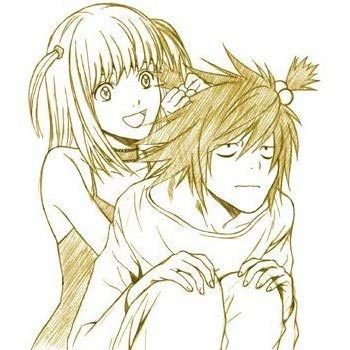amane misa, l (death note), death note, lowres, 00s, annoyed, hair bobbles, hair ornament, monochrome, side ponytail, smile