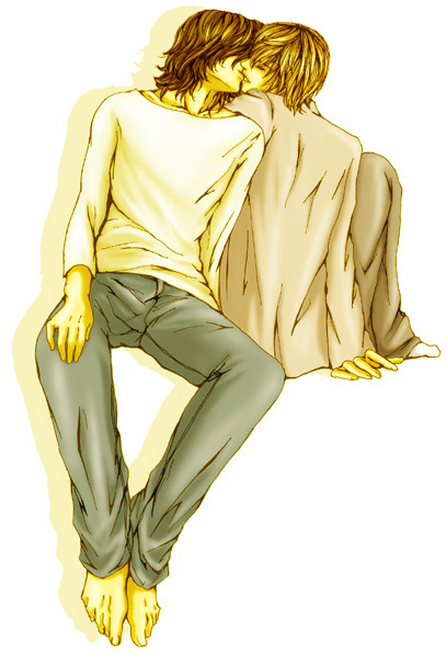 l (death note), yagami light, death note, 00s, 2boys, barefoot, blonde hair, brown hair, closed eyes, kiss, male focus, multiple boys, sitting, socks, yaoi