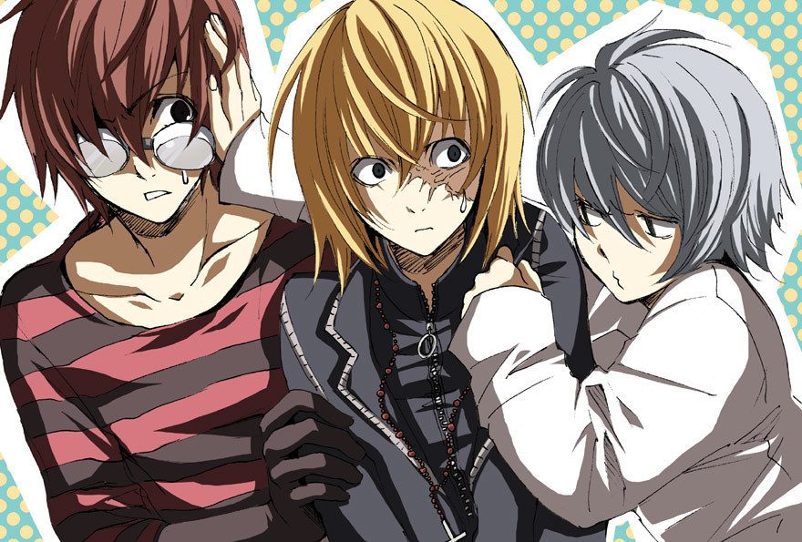 matt (death note), mello (death note), near (death note), death note, shueisha, 00s, black eyes, blonde hair, cross, gloves, goggles, jewelry, necklace, o3o, open mouth, red hair, rosary, sweat, white hair