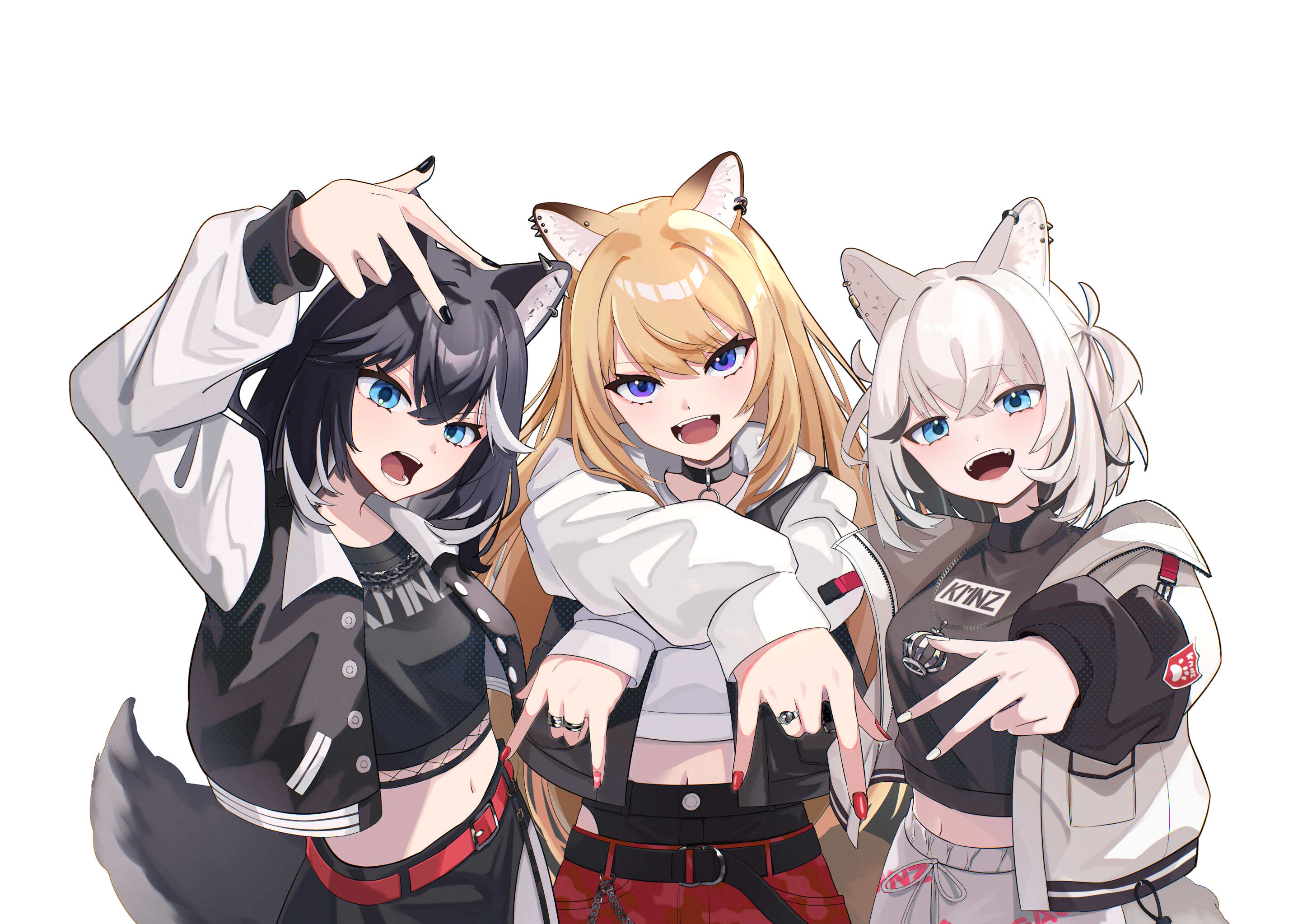 kasoku souchi, lita (kmnz), nero (kmnz), tina (kmnz), kmnz, highres, 3girls, m/, animal ear piercing, animal ears, arm up, black hair, black jacket, black shirt, black skirt, black sweater, blonde hair, blue eyes, breasts, clothes writing, cropped hoodie, cropped jacket, cropped shirt, dog ears, dog girl, dog tail, double m/, fangs, grey shorts, hand up, hands up, hood, hood down, hoodie, jacket, jewelry, large breasts, long hair, long sleeves, looking at viewer, medium hair, midriff, multicolored jacket, multiple girls, navel, necklace, open clothes, open jacket, open mouth, outstretched crossed arms, pants, puffy long sleeves, puffy sleeves, purple eyes, red pants, shirt, shorts, simple background, skirt, small breasts, sweater, tail, two-tone jacket, virtual youtuber, white background, white hair, white hoodie, white jacket