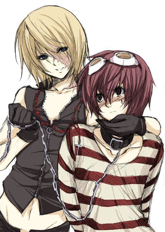 matt (death note), mello (death note), death note, shueisha, 00s, 2boys, bdsm, blonde hair, blush, bondage, bound, chain, collar, gloves, goggles, male focus, midriff, multiple boys, navel, red hair, smile, standing, sweat, white background