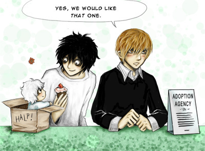 near, yagami light, death note, lowres, black hair, blonde hair, blush, box, cupcake, dessert, food, smile, sweater, white hair