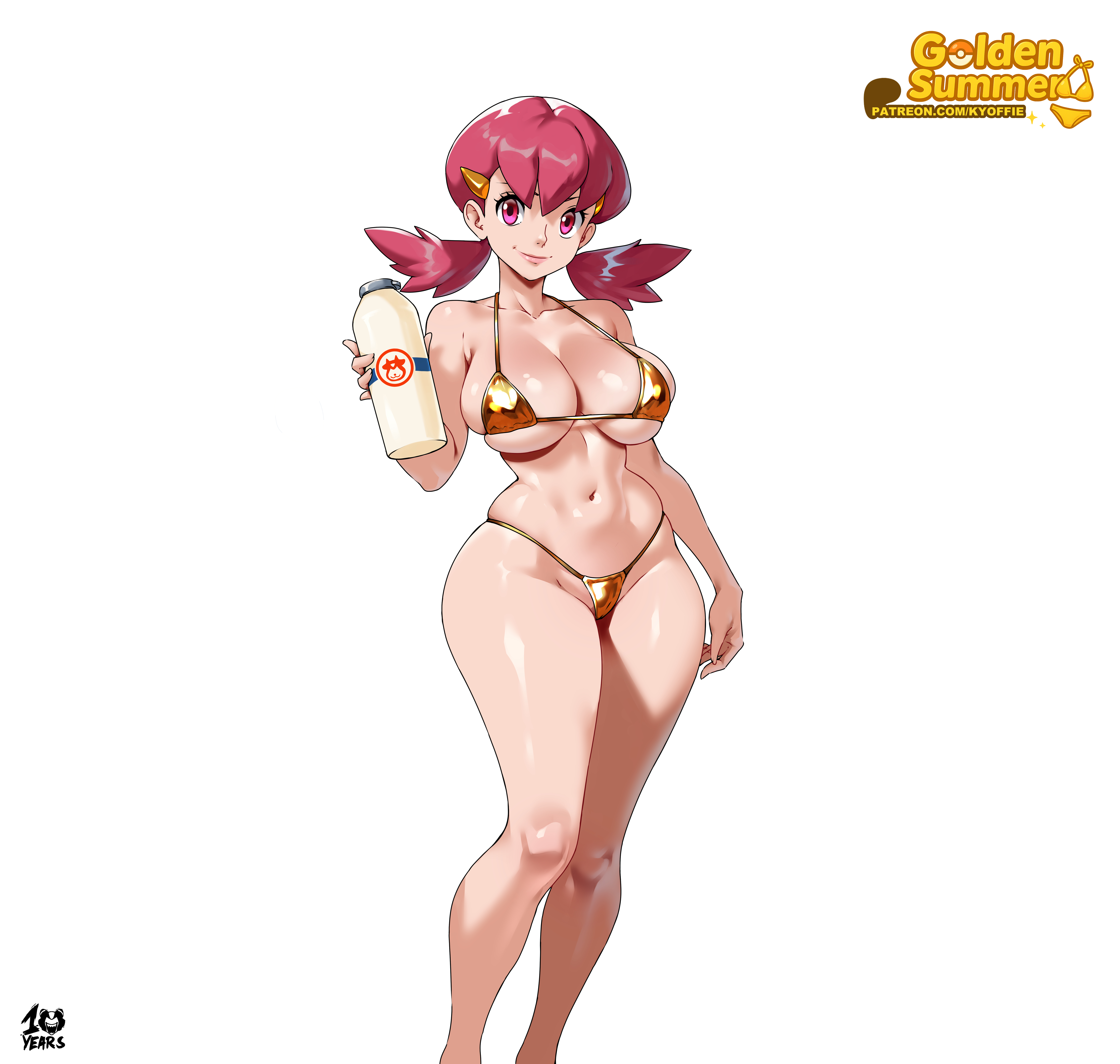 kyoffie, whitney (pokemon), nintendo, pokemon, pokemon gsc, absurdres, commentary, highres, 1girl, artist name, bikini, bottle, breasts, closed mouth, feet out of frame, gold bikini, hair ornament, holding, holding bottle, large breasts, looking at viewer, milk bottle, navel, patreon logo, patreon username, pink eyes, pink hair, simple background, smile, solo, swimsuit, twintails, white background