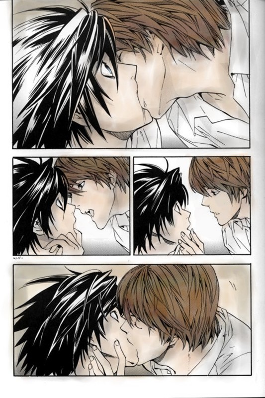 l (death note), yagami light, death note, 00s, 2boys, kiss, male focus, multiple boys, yaoi