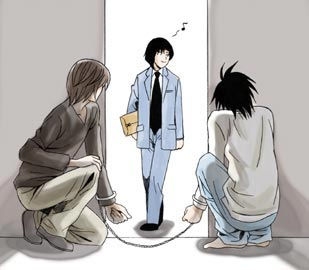 l (death note), matsuda touta, yagami light, death note, lowres, 00s, cuffs, handcuffs