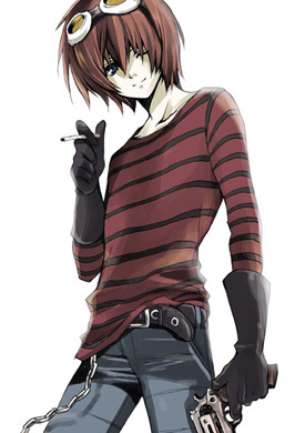 matt (death note), death note, shueisha, lowres, 00s, cigarette, denim, goggles, gun, jeans, one eye closed, pants, red hair, simple background, weapon, wink