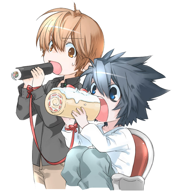 l (death note), yagami light, death note, 00s, black eyes, black hair, brown eyes, brown hair, chair, dessert, eating, food, fruit, open mouth, sitting, strawberry, sushi, sweat, transparent background
