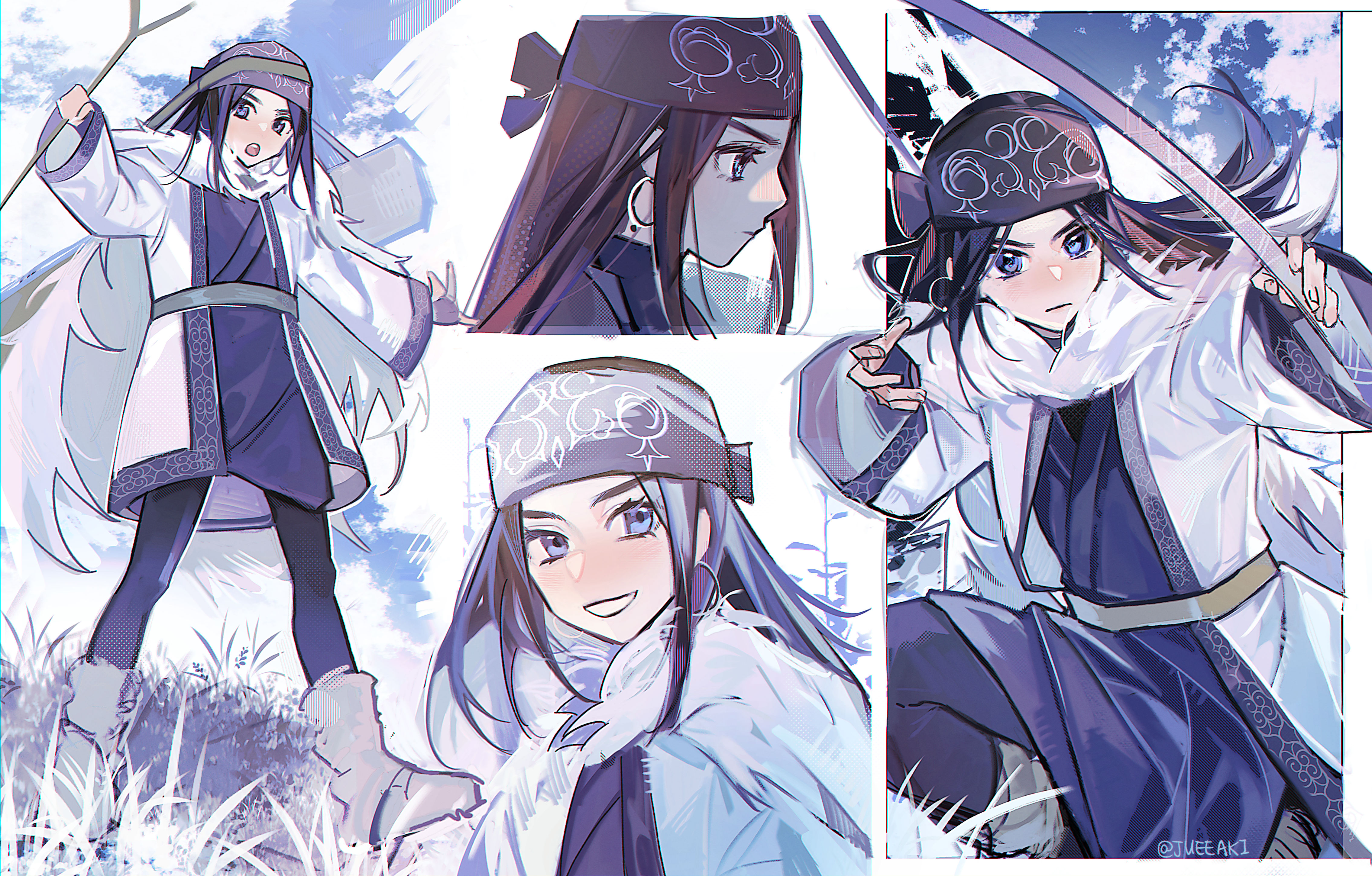eeju, asirpa, golden kamuy, absurdres, commentary, highres, 1girl, black hair, black pantyhose, blue eyes, boots, earrings, grey boots, grin, headband, hoop earrings, jewelry, long hair, long sleeves, multiple views, open mouth, pantyhose, smile, very long hair