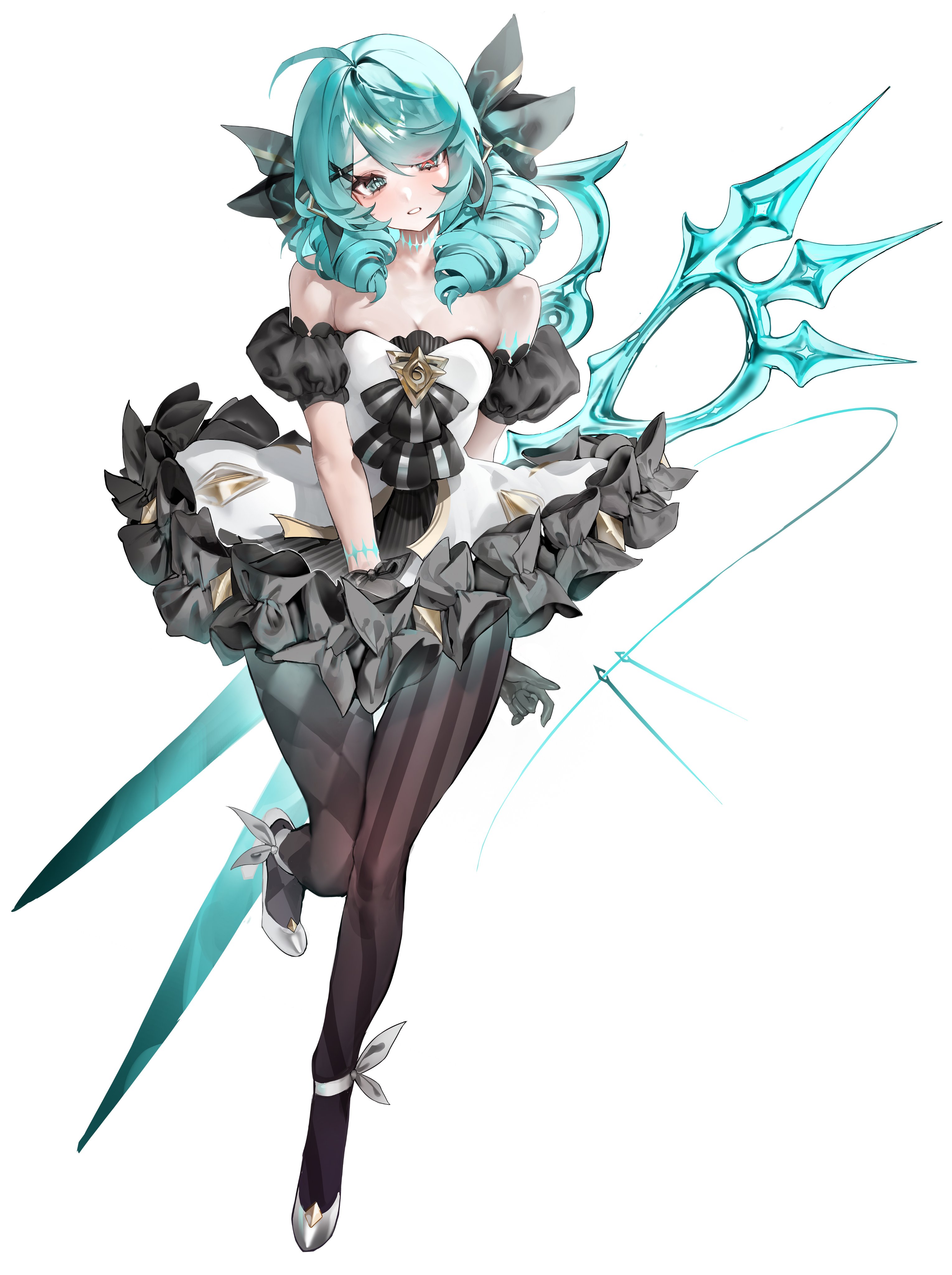 yonchan, gwen (league of legends), league of legends, absurdres, highres, 1girl, ahoge, bare shoulders, black bow, black pantyhose, blush, bow, breasts, dress, drill hair, grey eyes, grey hair, looking at viewer, medium breasts, needle, pantyhose, parted lips, scissors, sewing needle, small breasts, solo, strapless, strapless dress, swept bangs, thread, twin drills, white background, white dress