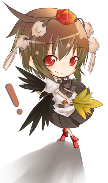 sasaki kouhei, shameimaru aya, touhou, !, 1girl, black hair, black wings, chibi, female focus, geta, hat, looking at viewer, red eyes, smile, solo, tengu-geta, tokin hat, wings