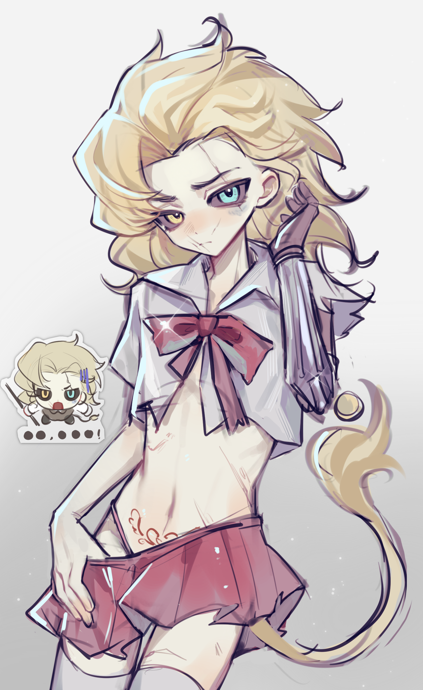 identity v, highres, 1boy, black sclera, blush, bow, chibi, colored sclera, crop top, crossdressing, crossdressing (mtf), green eyes, heterochromia, lion tail, long hair, looking at viewer, male focus, marcus thorne, miniskirt, panties, pink bow, pink shirt, prosthesis, prosthetic arm, pubic tattoo, pulling own clothes, ribs, scar, scar on face, shirt, single hair intake, skinny, skirt, string panties, tail, tattoo, thighhighs, underwear, white shirt, white thighhighs, xinjinjumin8559322, yellow eyes