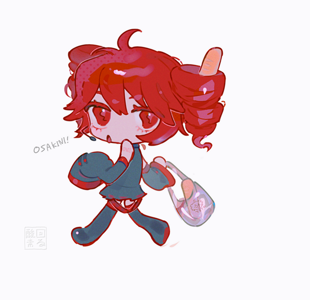 mawarusanso, kasane teto, utau, 1girl, ahoge, bag, black thighhighs, bread, chibi, chibi only, detached sleeves, drill hair, eyelashes, food, full body, holding, holding bag, loaf of bread, looking at viewer, open mouth, red eyes, red hair, shoulder tattoo, simple background, sleeves past fingers, sleeves past wrists, solo, tattoo, thighhighs, twin drills, white background