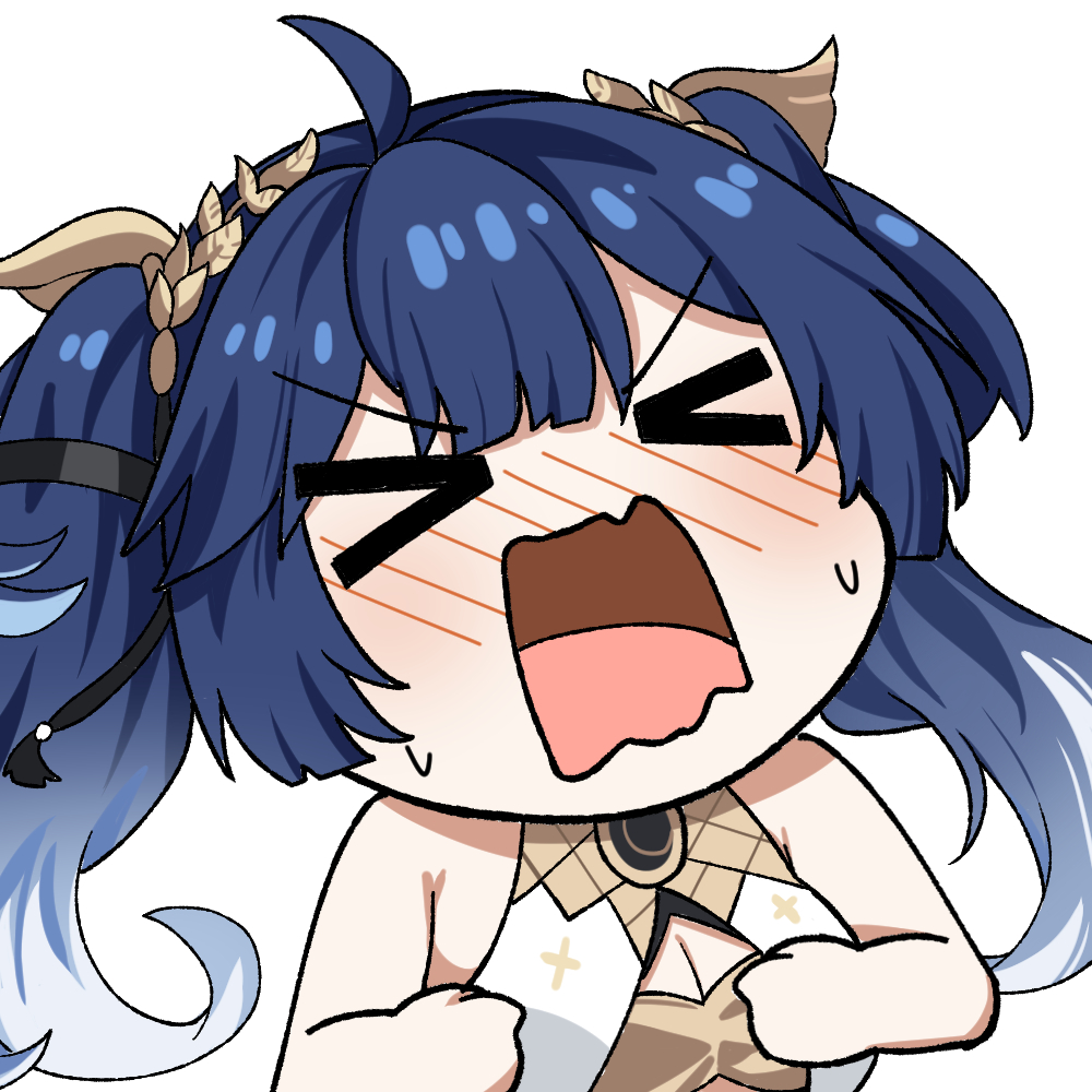 twomoon, iuno (wuthering waves), wuthering waves, commentary, english commentary, > <, 1girl, ahoge, bare shoulders, blue hair, blush, breasts, chibi, chibi only, cleavage, gold bra, gradient hair, laurel crown, long hair, medium breasts, multicolored hair, nose blush, open mouth, solo, sweatdrop, twintails, upper body, v-shaped eyebrows