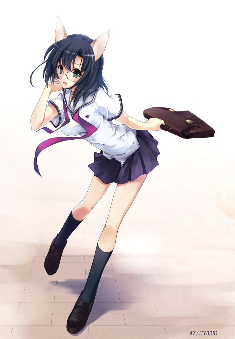 won (az hybrid), original, animal ears, bag, blue hair, cat ears, glasses, green eyes, kneehighs, legs, satchel, school bag, school uniform, serafuku, short hair, skirt, socks, solo