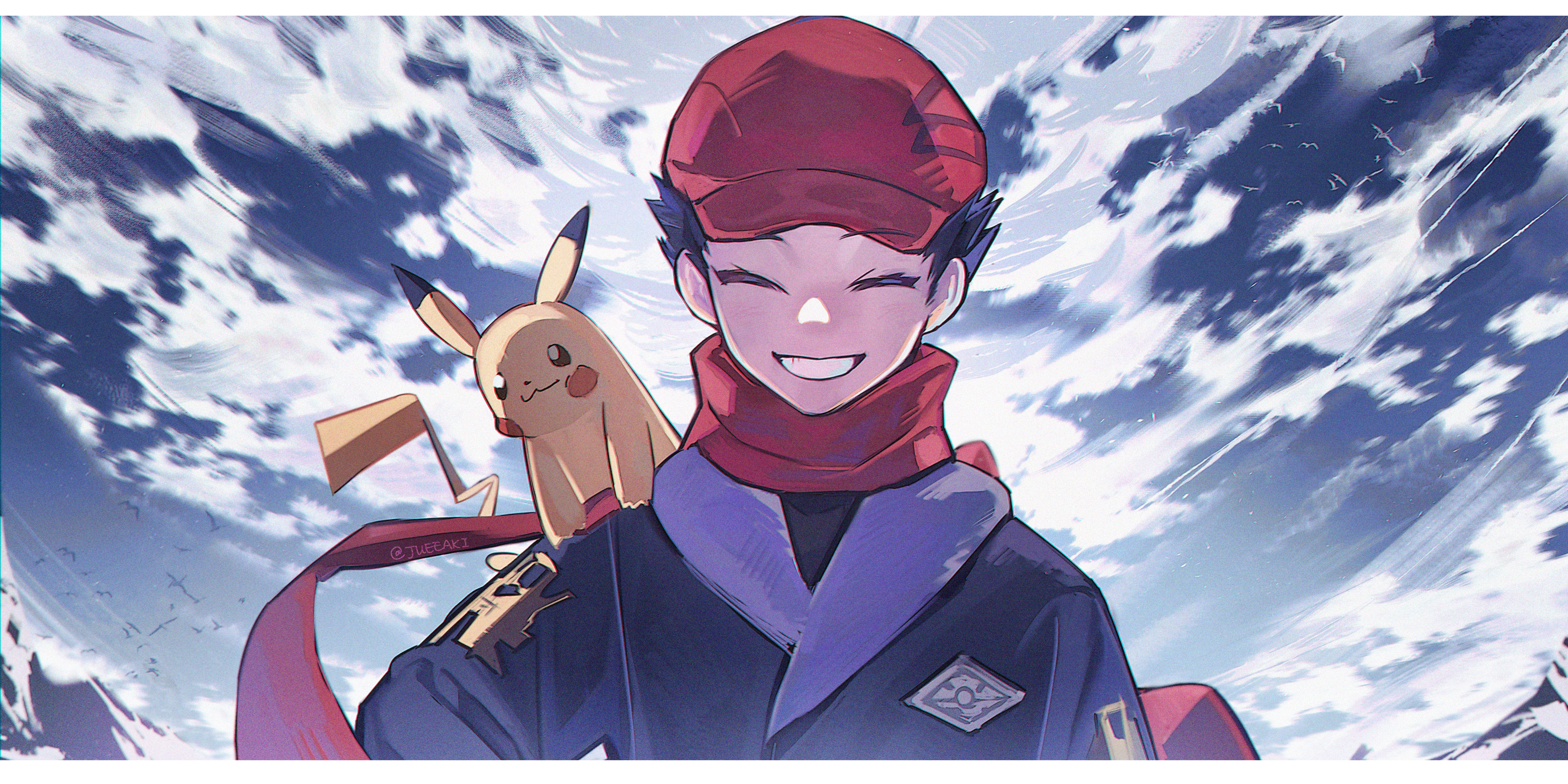 eeju, pikachu, rei (pokemon), nintendo, pokemon, pokemon legends: arceus, absurdres, commentary request, highres, 1boy, black hair, closed eyes, cloud, eyelashes, facing viewer, gen 1 pokemon, grin, hat, japanese clothes, male focus, on shoulder, outdoors, pokemon (creature), pokemon on shoulder, red hat, red scarf, scarf, short hair, simple bird, smile, upper body