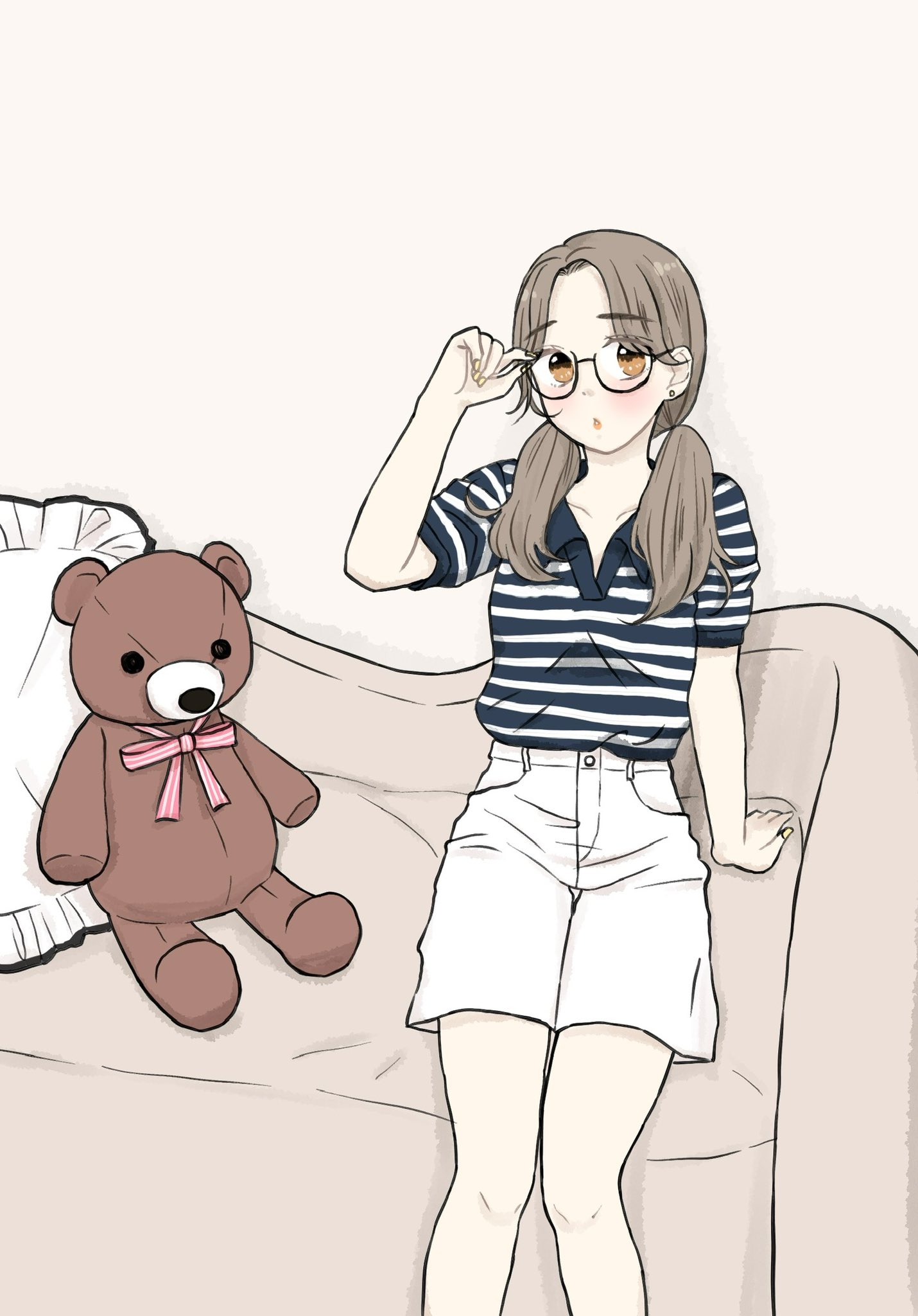 original, commentary request, highres, partial commentary, 1girl, adjusting eyewear, arm support, arm up, black-framed eyewear, black shirt, brown hair, couch, earrings, erina08423467, feet out of frame, frilled pillow, frills, glasses, jewelry, long hair, looking at viewer, low twintails, neck ribbon, on couch, open mouth, orange eyes, pillow, pink ribbon, polo shirt, ribbon, semi-rimless eyewear, shirt, shirt tucked in, short sleeves, shorts, simple background, sitting, solo, striped clothes, striped shirt, stuffed animal, stuffed toy, teddy bear, twintails, two-tone shirt, under-rim eyewear, white background, white shorts, yellow nails