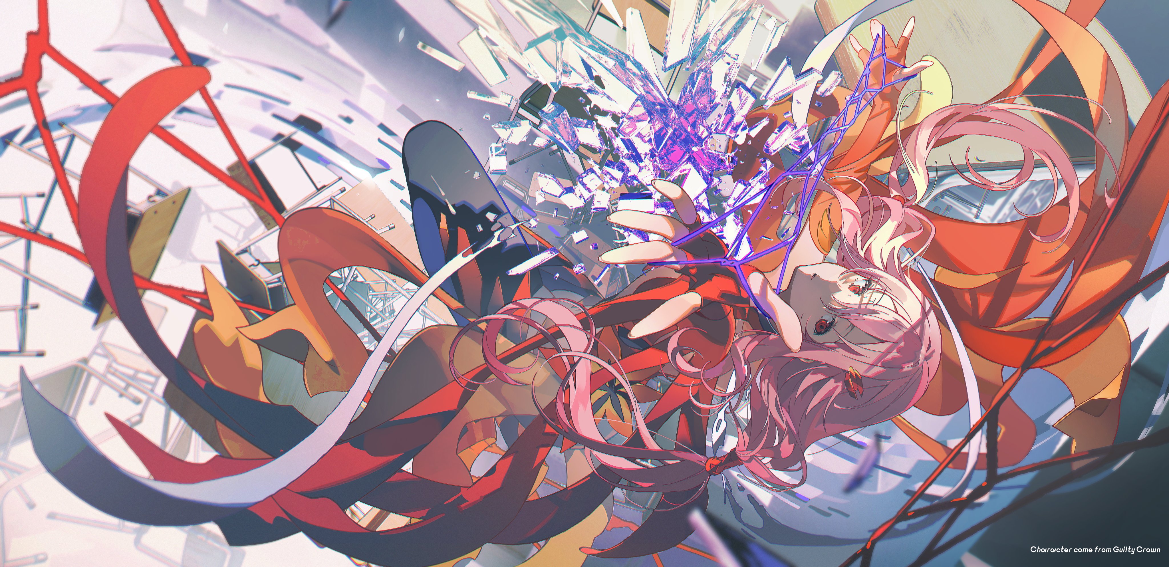 z3zz4, yuzuriha inori, guilty crown, absurdres, highres, 1girl, black pantyhose, cat's cradle, chair, copyright name, crystal, dress, fingerless gloves, foreshortening, gloves, hair between eyes, hair tubes, long hair, looking at viewer, low twintails, pantyhose, pink hair, red dress, red eyes, red gloves, solo, twintails
