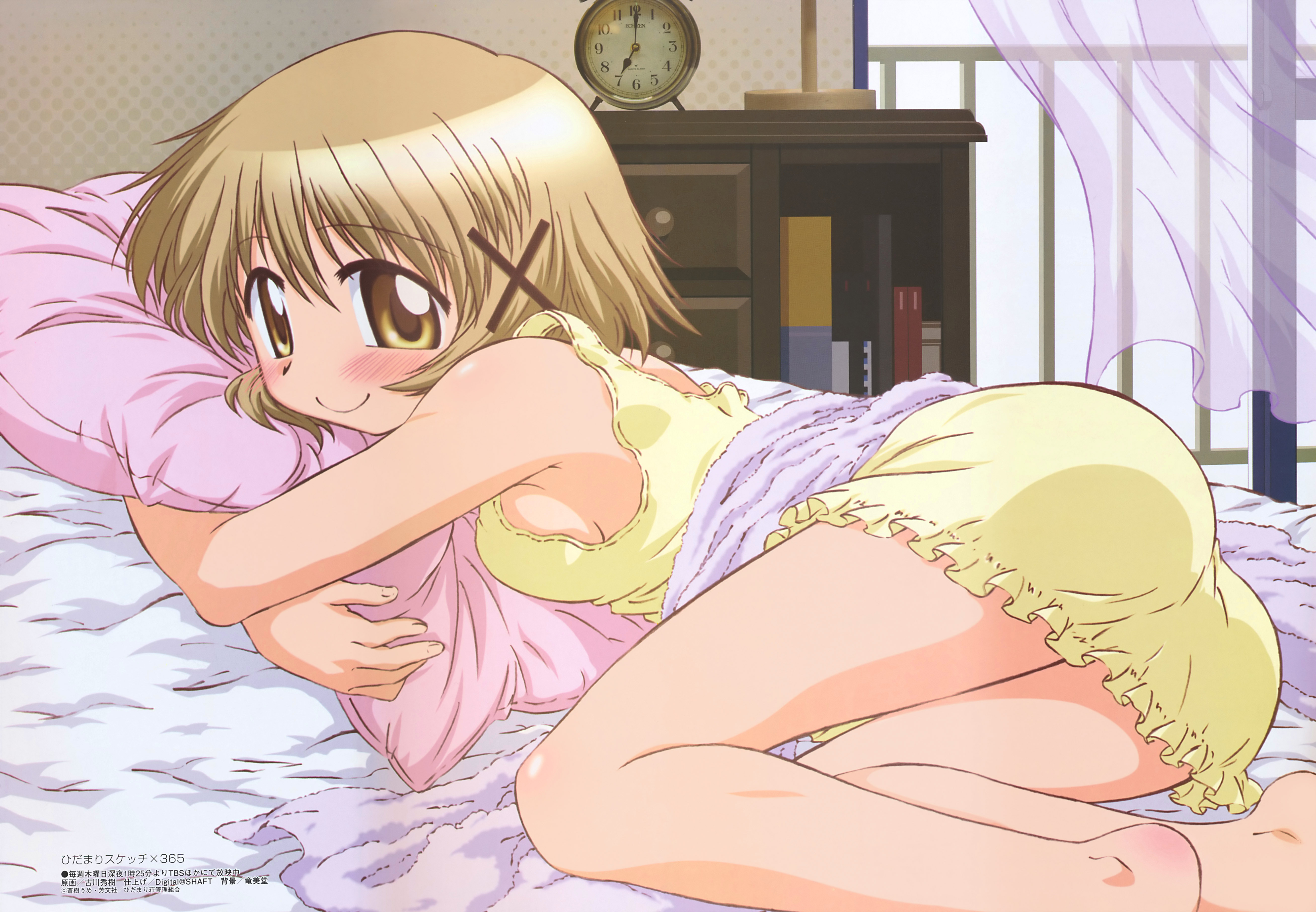 furukawa hideki, yuno (hidamari sketch), hidamari sketch, megami magazine, light brown hair, absurdres, highres, non-web source, official art, scan, 00s, 1girl, ass, bare legs, bare shoulders, barefoot, bed, blush, body blush, book, bookshelf, breasts, brown eyes, brown hair, chest of drawers, clock, female focus, folded, from side, hair ornament, hairclip, halftone, hug, hugging object, indoors, legs, light smile, looking at viewer, looking back, lying, nightgown, no bra, on bed, on stomach, open window, pillow, pillow hug, railing, short hair, sideboob, small breasts, smile, solo, strap gap, thigh gap, towel, transparent, underwear, underwear only, window