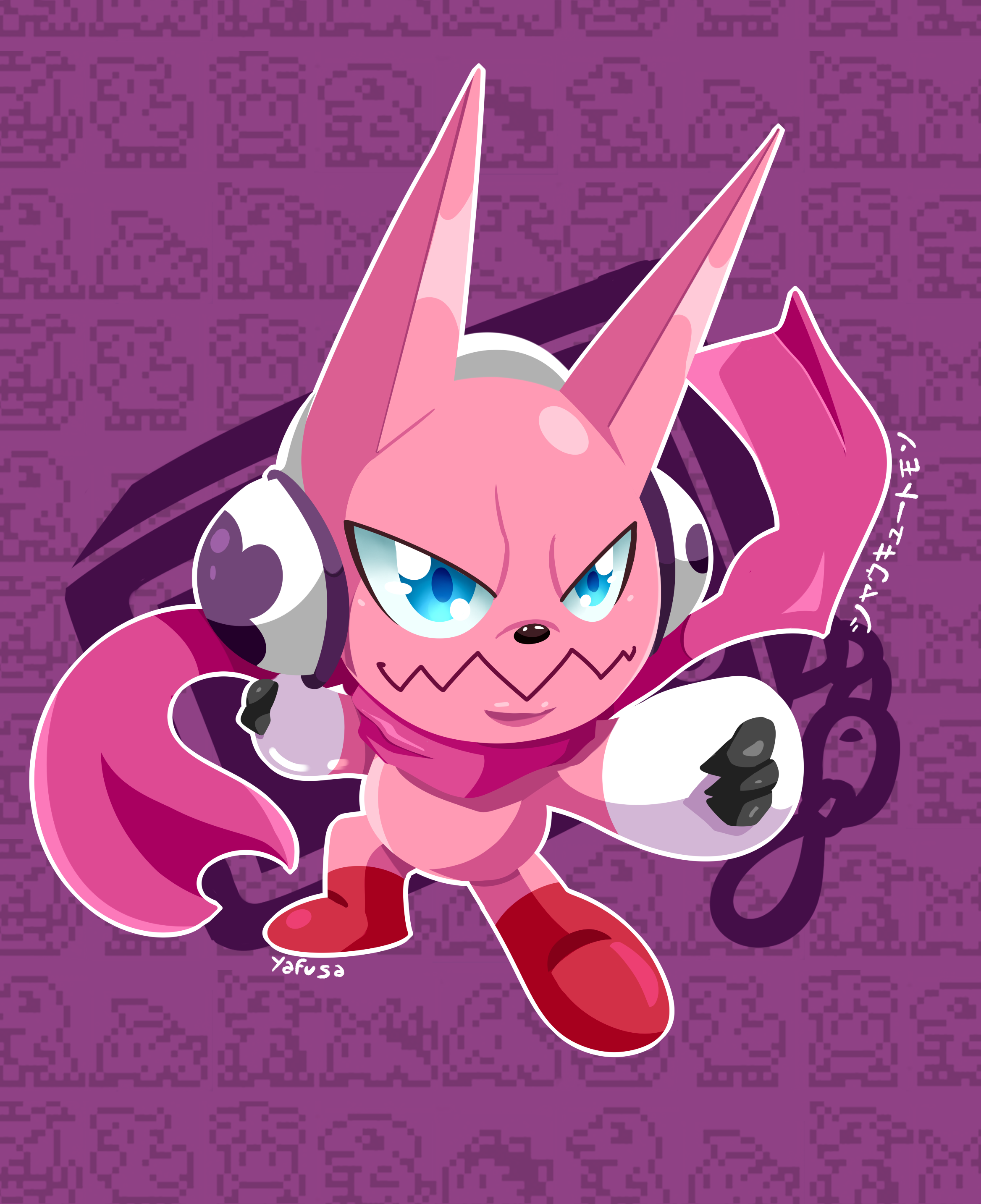 shoucutemon, digimon, absurdres, highres, blue eyes, boots, digimon (creature), fusion, headphones, scarf, yafusart