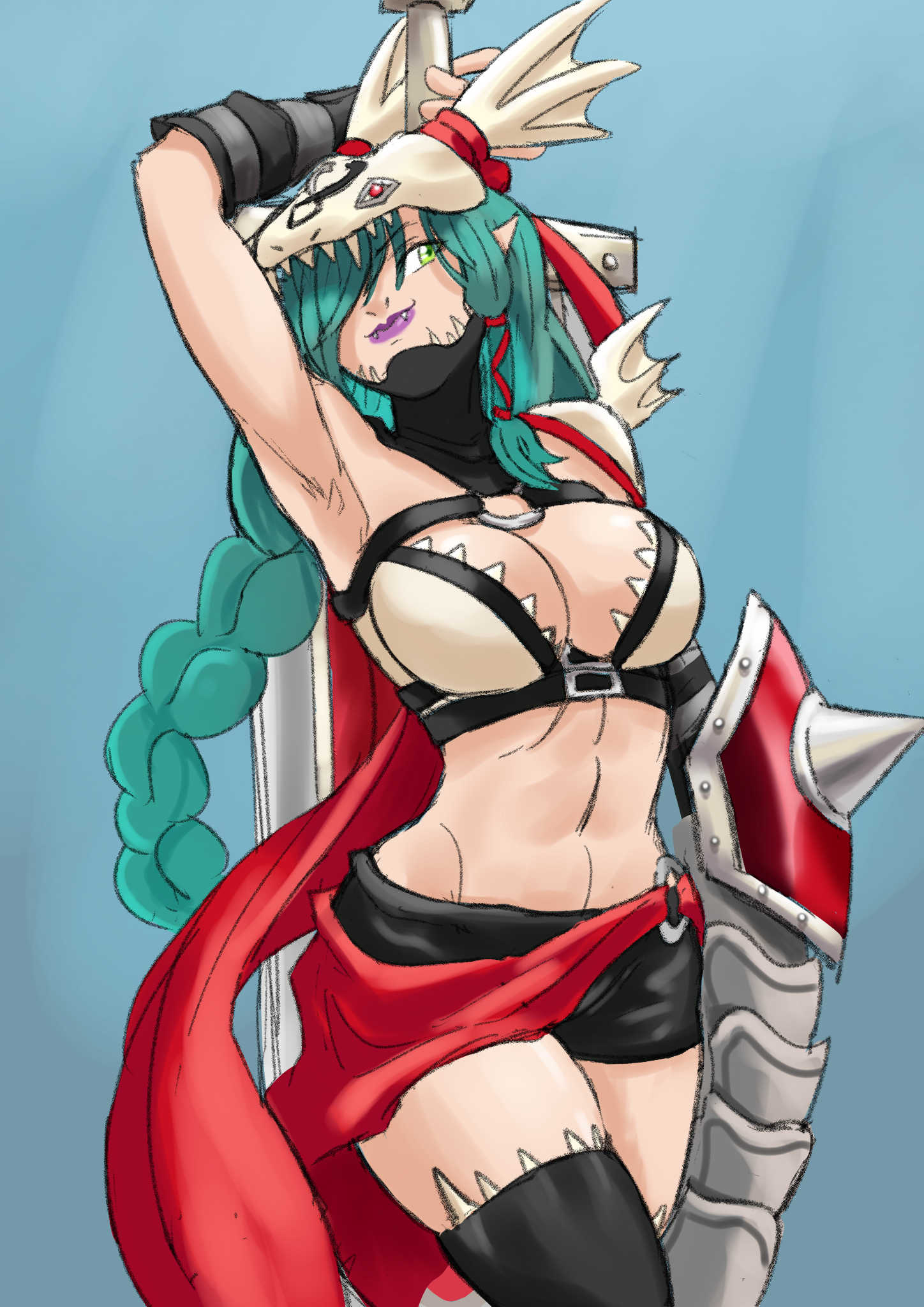 bluerido, mervamon, digimon, highres, armor, braid, digimon (creature), helmet, long hair, very long hair