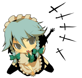 azuma seiji, izayoi sakuya, touhou, silver hair, lowres, 1girl, blue eyes, braid, chibi, female focus, full body, hair ribbon, knife, maid, ribbon, simple background, solo, throwing knife, twin braids, weapon, white background